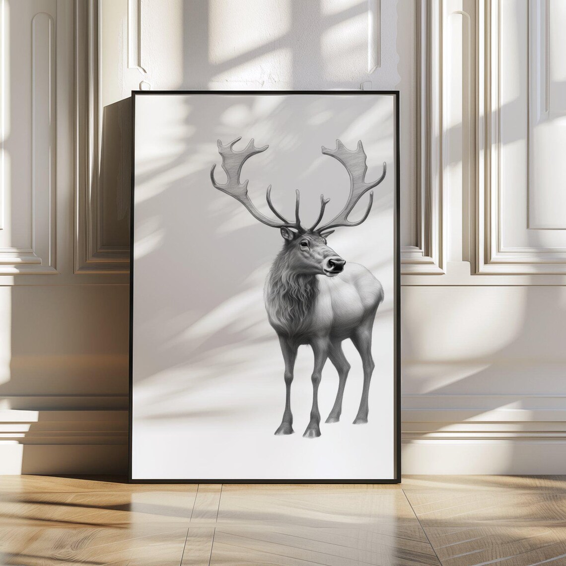 Stag Deer With Large Antlers Black and White Wildlife Art Poster