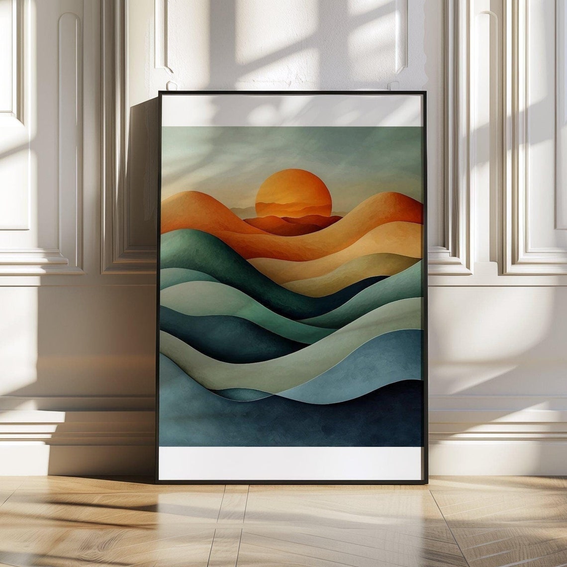 Abstract Sunset Poster With Sun Over Teal and Amber Ocean Waves