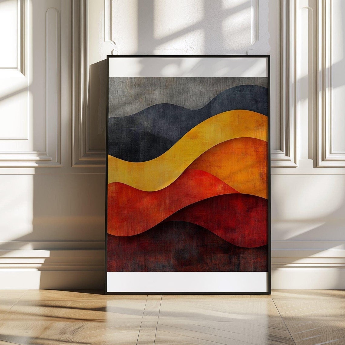 Abstract Layered Waves Poster With Navy Gold and Sunset Red Bands