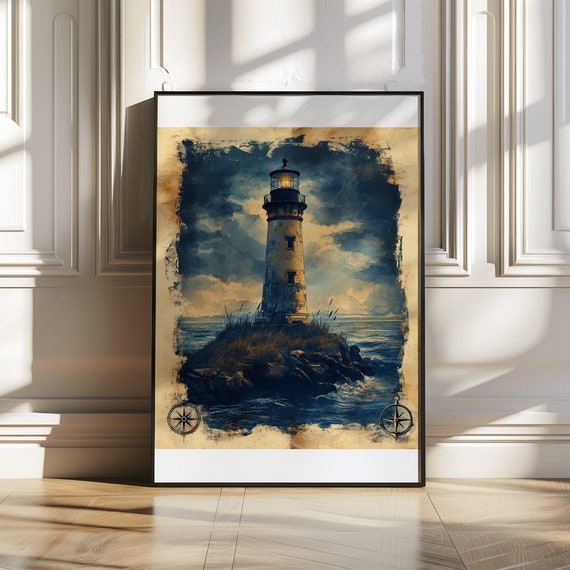 Vintage Lighthouse Wall Art Coastal Nautical Dcor Ocean Seascape Painting Print Maritime Home Art Coastal Wall Hanging