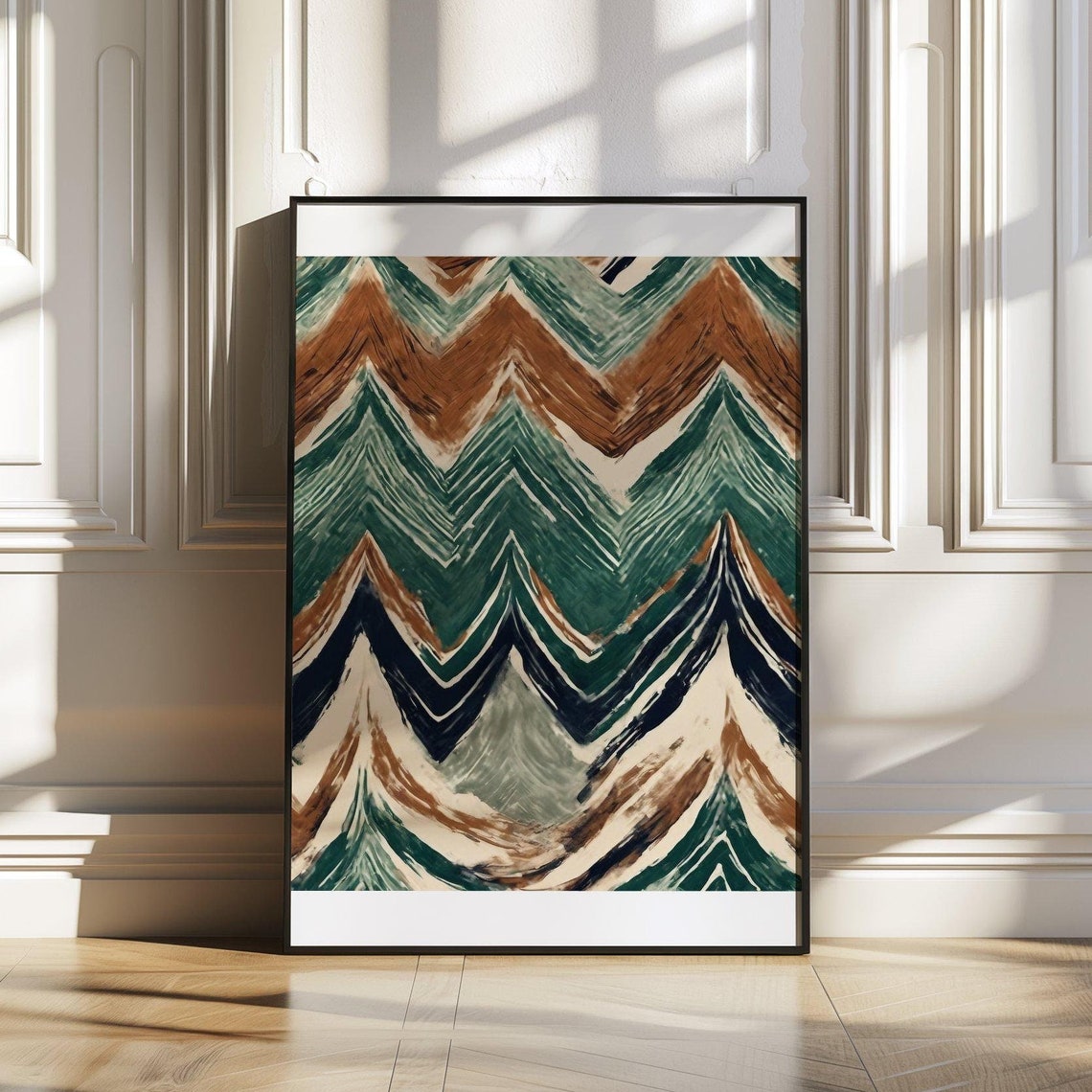 Painted Chevron Poster Green Brown Brushstroke Geometric Wall Decor