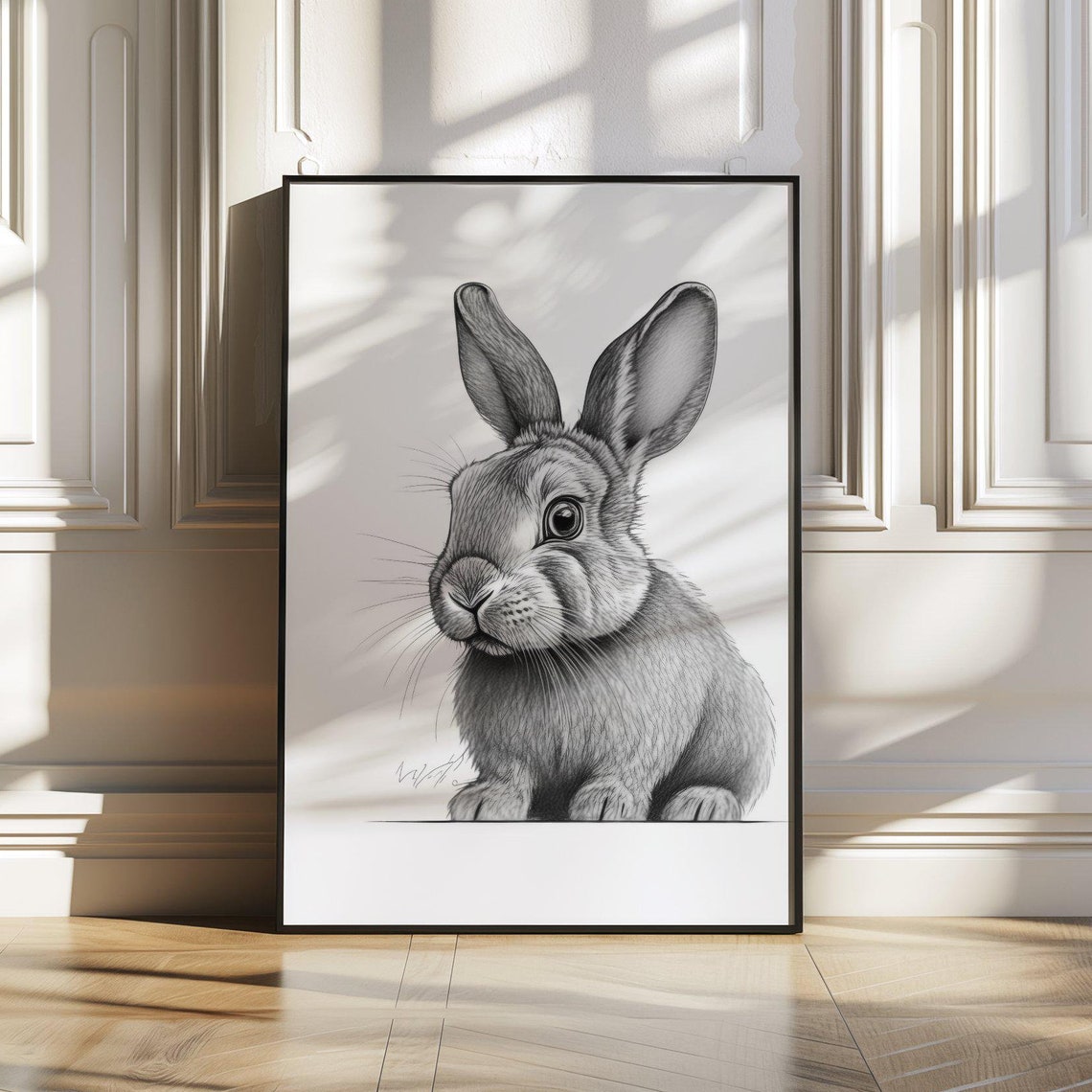 Realistic Rabbit Pencil Sketch Black and White Cute Animal Poster