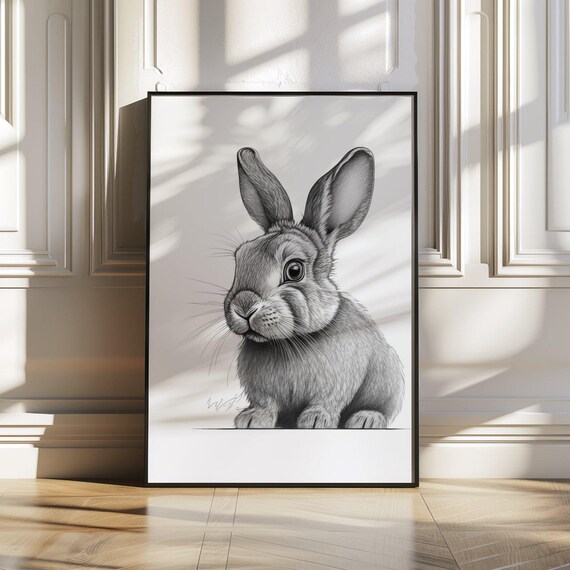 Realistic Rabbit Pencil Sketch Black and White Cute Animal Poster