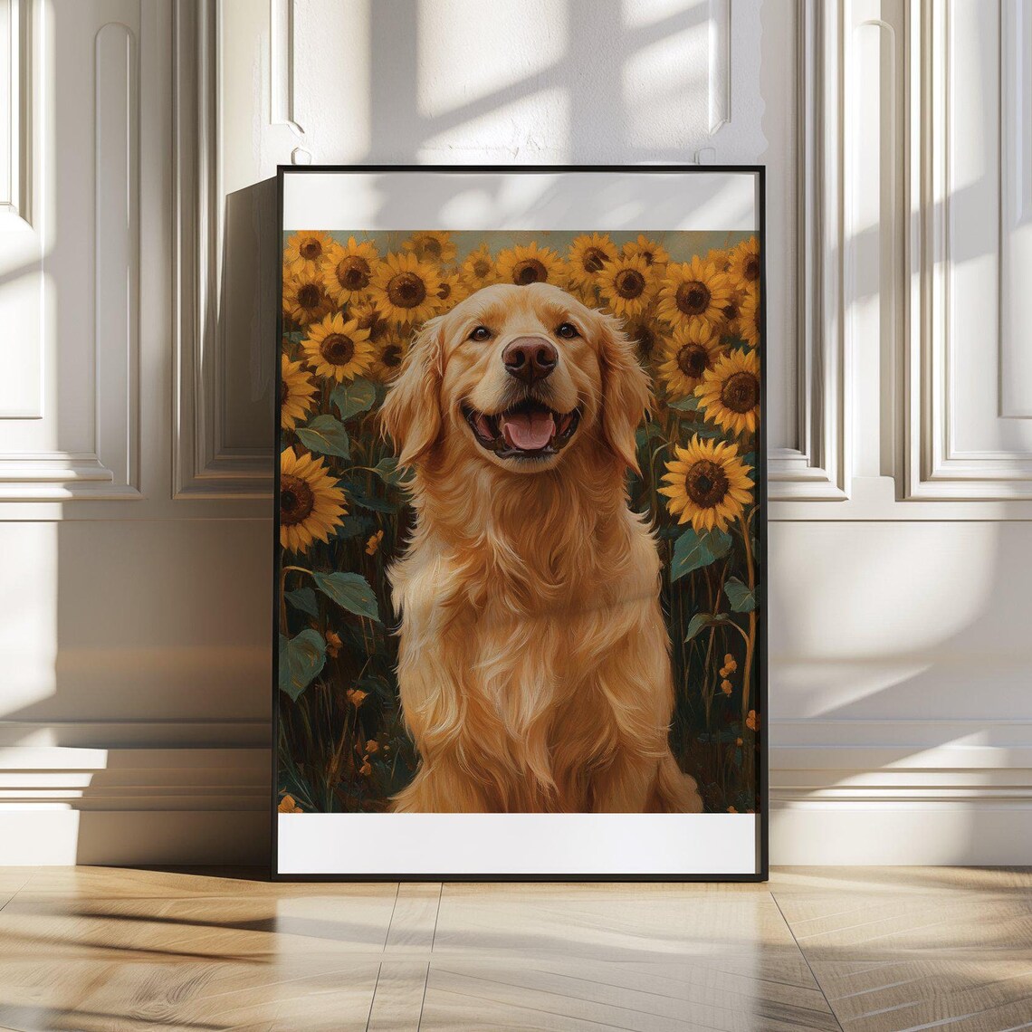 Joyful Golden Retriever Smiling in Sunflower Field Art Poster
