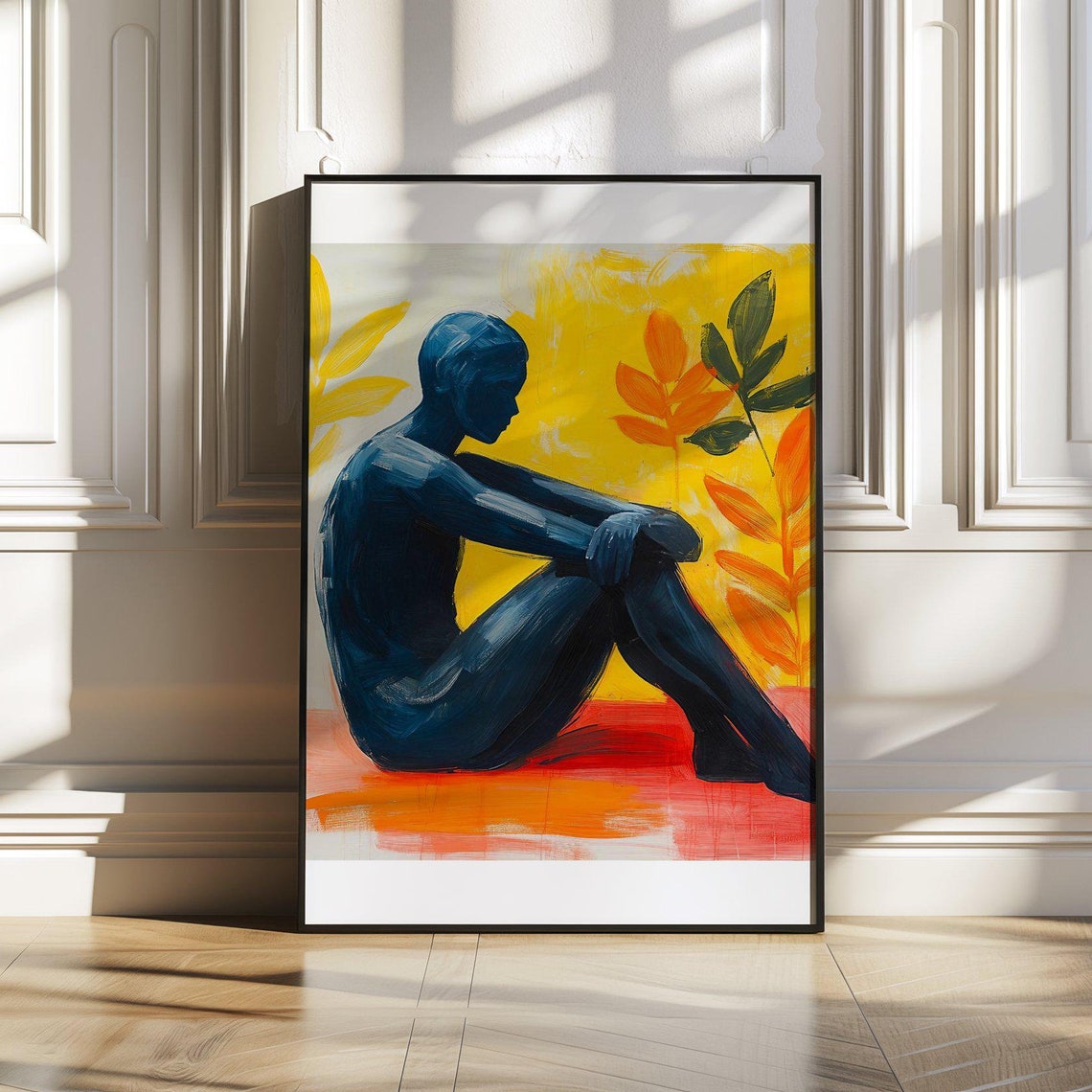 Cobalt Blue Seated Nude Figure on Radiant Yellow Backdrop Art Poster