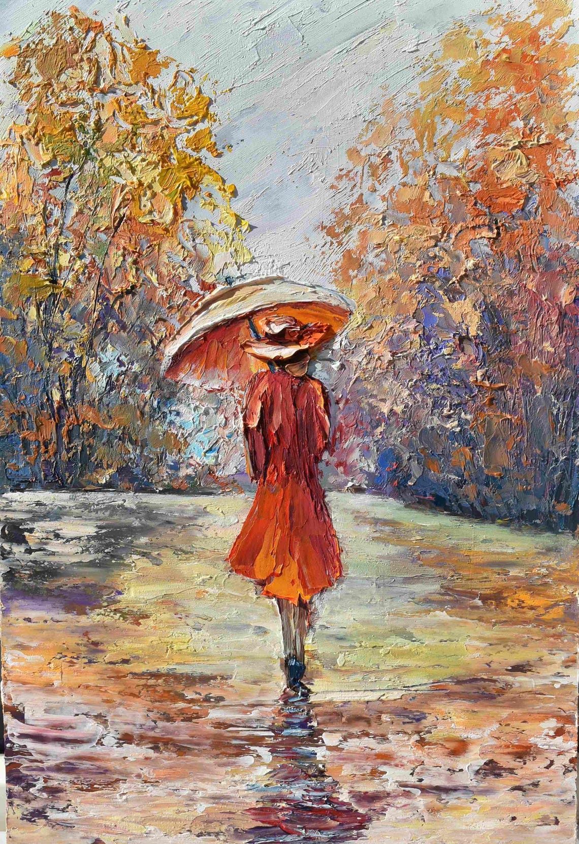 Girl With Umbrella Painting Autumn Landscape Painting Umbrella Art Painting Street Painting Girl Painting City Landscape Art Girl In A Red