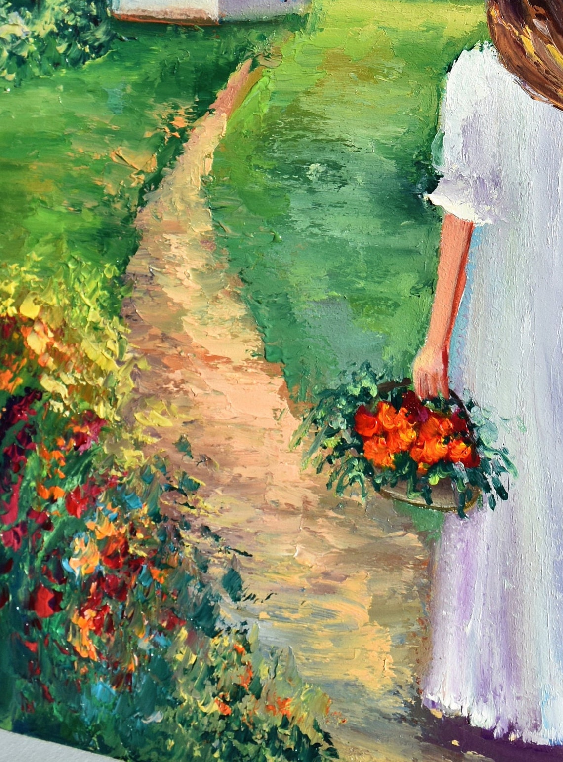 Girl Straw Hat Flower Basket Meadow Cottage Path Summer Oil Wall Art - Image 2