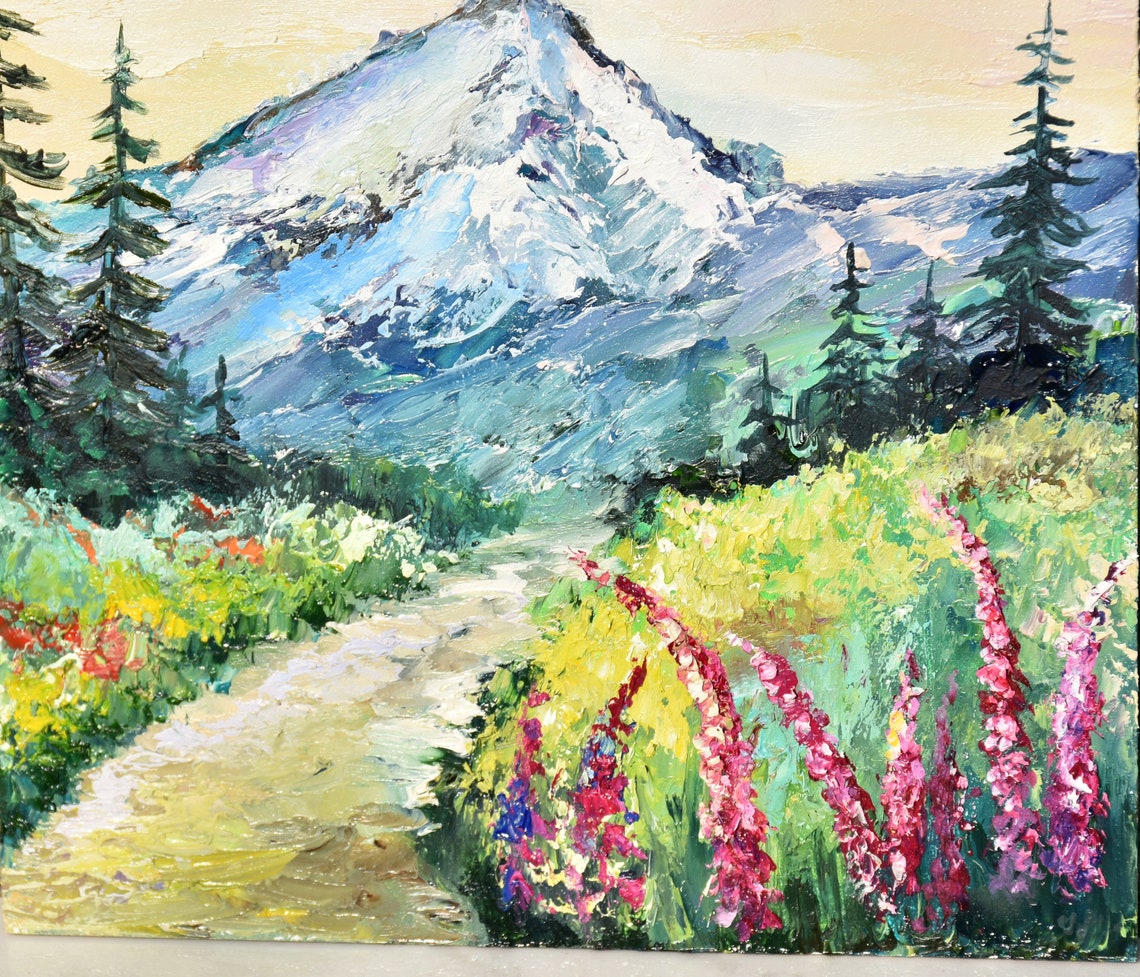 Abstract Mountains Palette Knife Art Wildflowers Oil Art Mountain Landscape Miniature Art Oil Art Modern Impasto Wall Art Painting Meadow