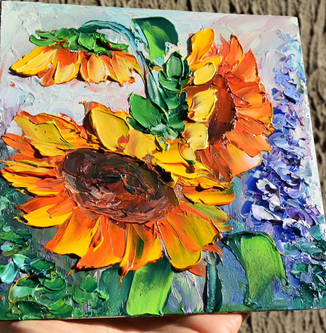 Sunflower Wall Art Miniature Painting Sunflowers Painting Purple Flowers Art Impasto Oil Painting Wildflowers Oil Art Sunflowers Art Paintin