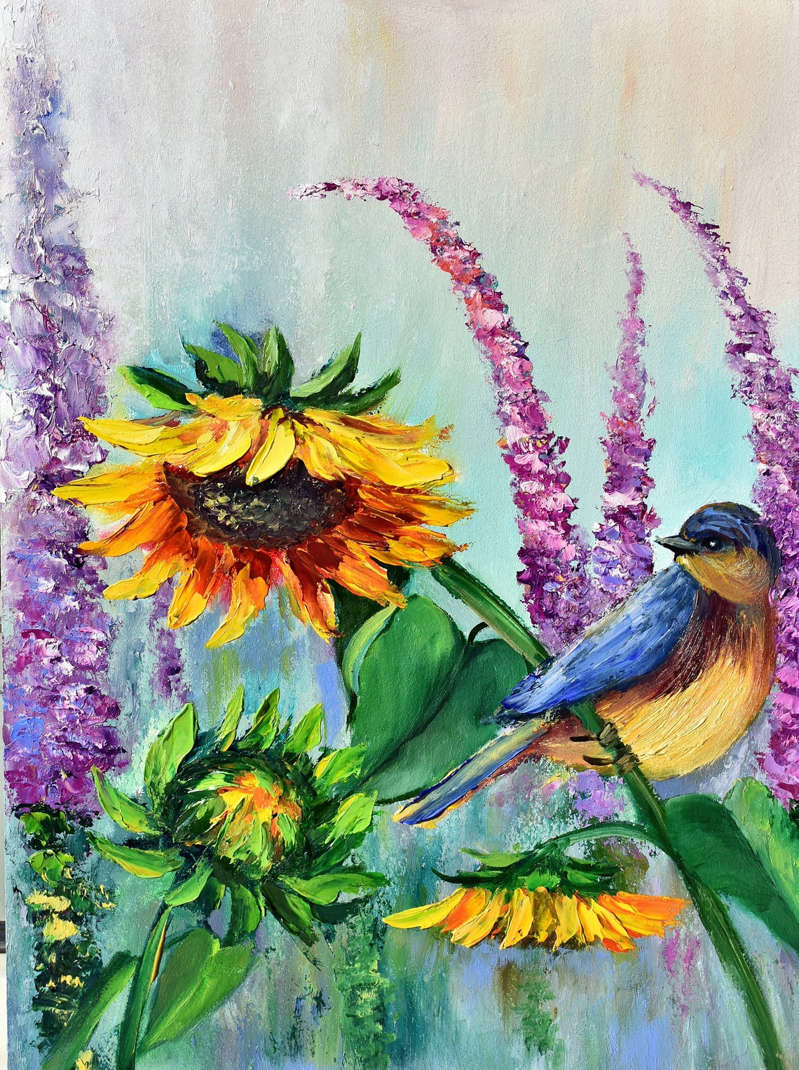 Art Bird Painting Birds Art Sunflowers Painting Bird Oil Painting Flower Oil Painting Sunflower Art Original Landscape Oil Sunflowers Flower
