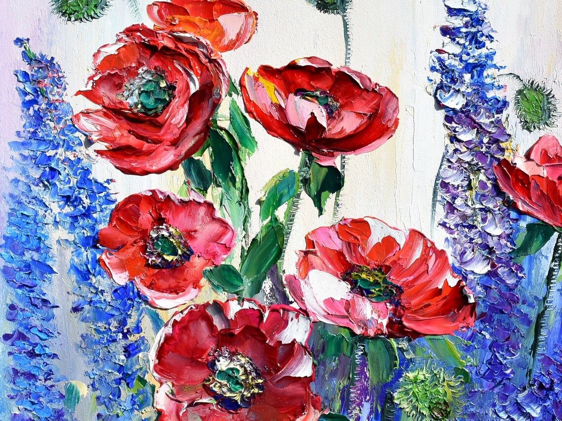 Red Poppies With Blue Delphinium Summer Meadow Oil Art Poster - Image 3