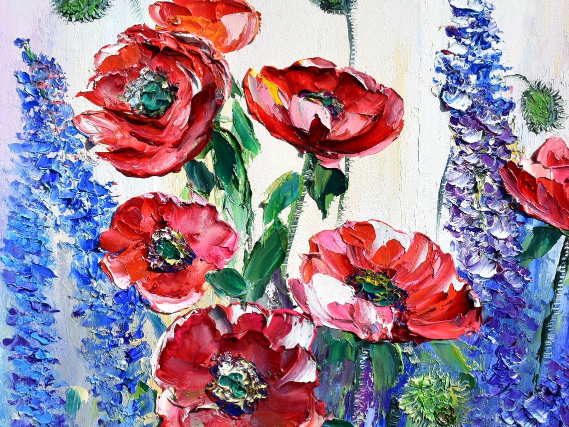 Red Poppy Painting Poppy Oil Painting Landscape Painting Purple Lupins Art Meadow Painting Poppies Impasto Flower Artwork Poppy Painting - Image 3