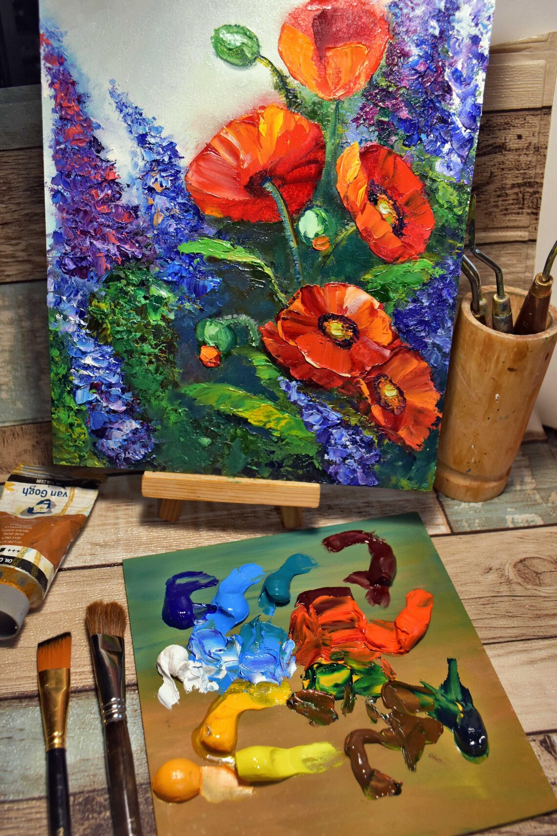 Red Poppies Blue Delphiniums Garden Impasto Oil Painting Floral Poster - Image 2