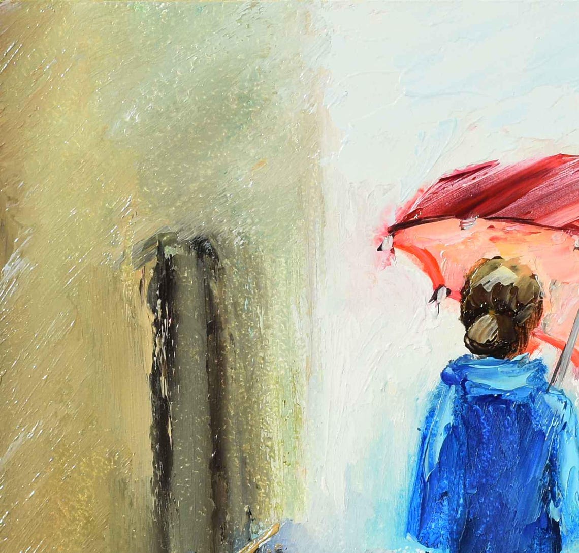 Girl With Umbrella Art City Rain Art Street Painting Original Oil Art Downtown Painting Girl On Street Art Cityscape Art Architecture Art - Image 2