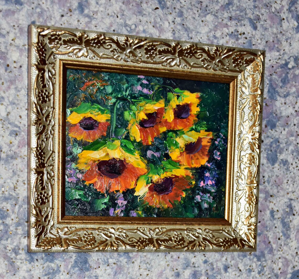 Sunflower Bouquet in Dark Green Garden Framed Style Oil Painting Print - Image 4