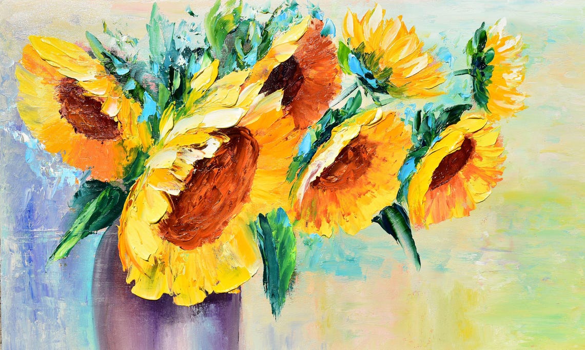 Sunflower Wall Art Still Life Painting Wildflowers Oil Art Palette Knife Art Impasto Wall Art Yellow Flowers Sunflowers Painting Flower Oil