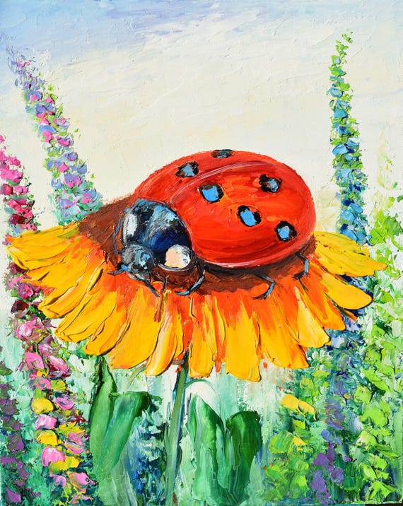 Ladybugs Painting Sunflowers Painting Landscape Painting Meadow Wall Art Sunflower Flower Art Ladybug Art Wildflowers Artwork
