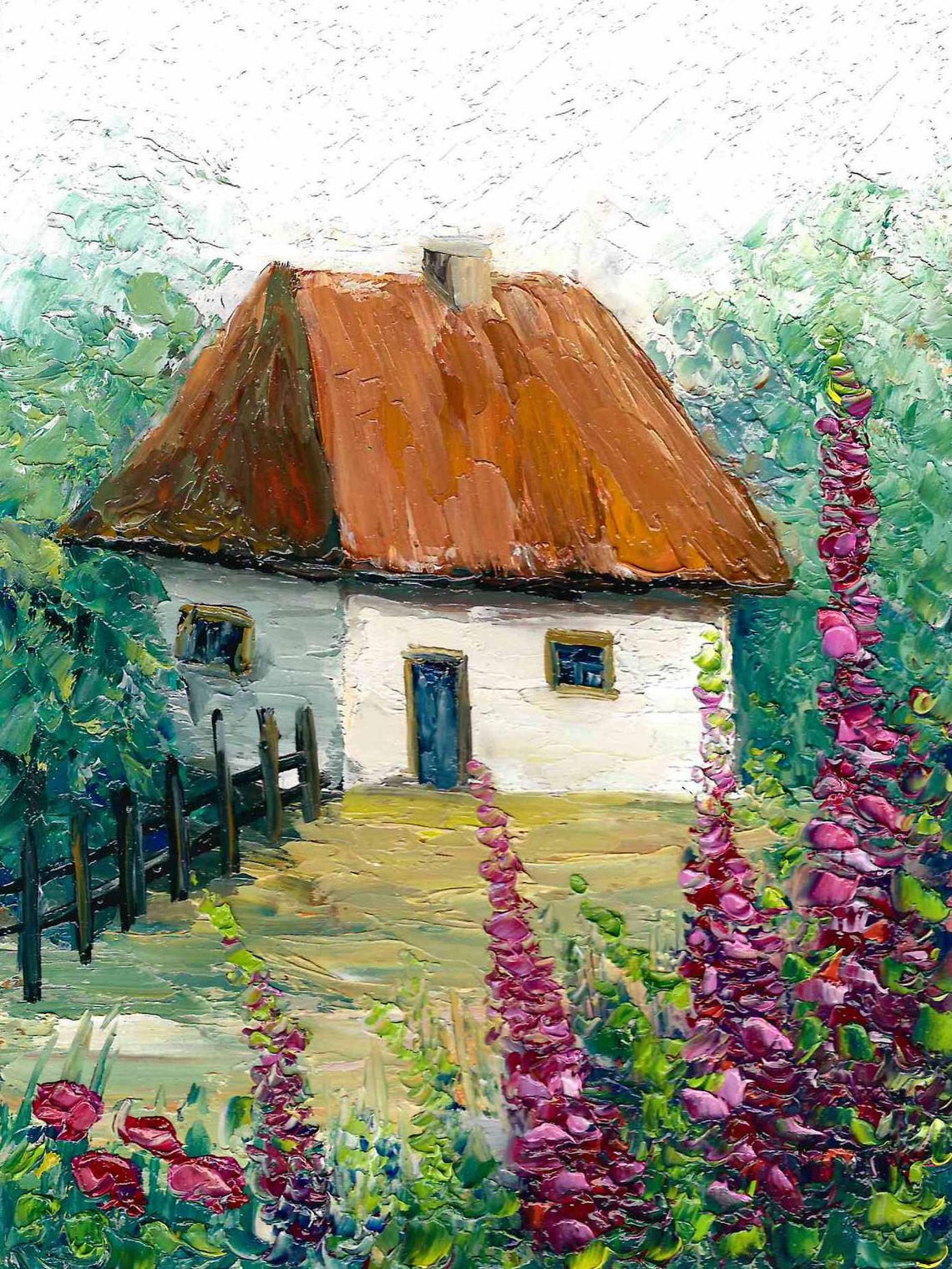 Ukrainian Art Ukrainian House Summer Landscape Art Impasto Flowers Wall Art Garden Flowers Art Ukrainian House Art Textured Painting Summer