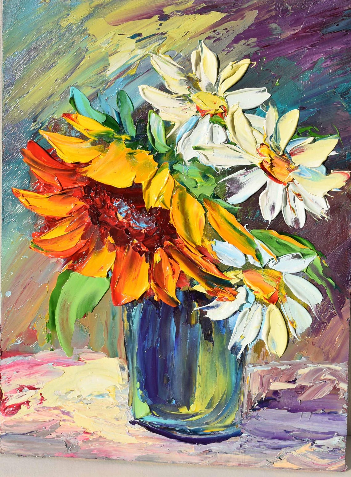 Sunflowers Painting Small Wall Art White Daisies Painting White Flower Art Flowers Painting Sunflowers Art Chamomile Oil Painting Flowers