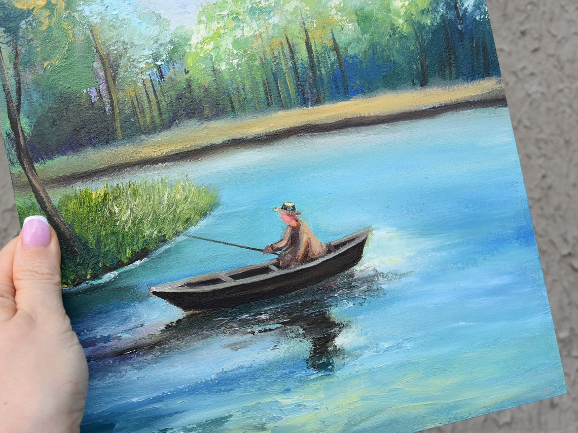 Fisherman Painting Landscape Painting Lake Painting Boat On The Lake Art Fisherman Art Lake Fish Pike Wall Art Summer Nature Landscape Art - Image 4