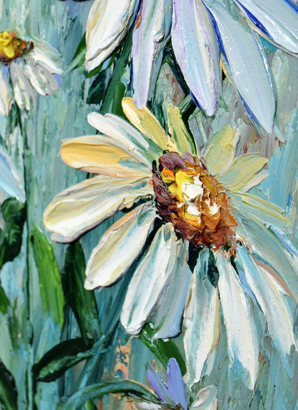 White Daisies Pale Teal Background Impasto Brush Floral Oil Wall Art - Image 2