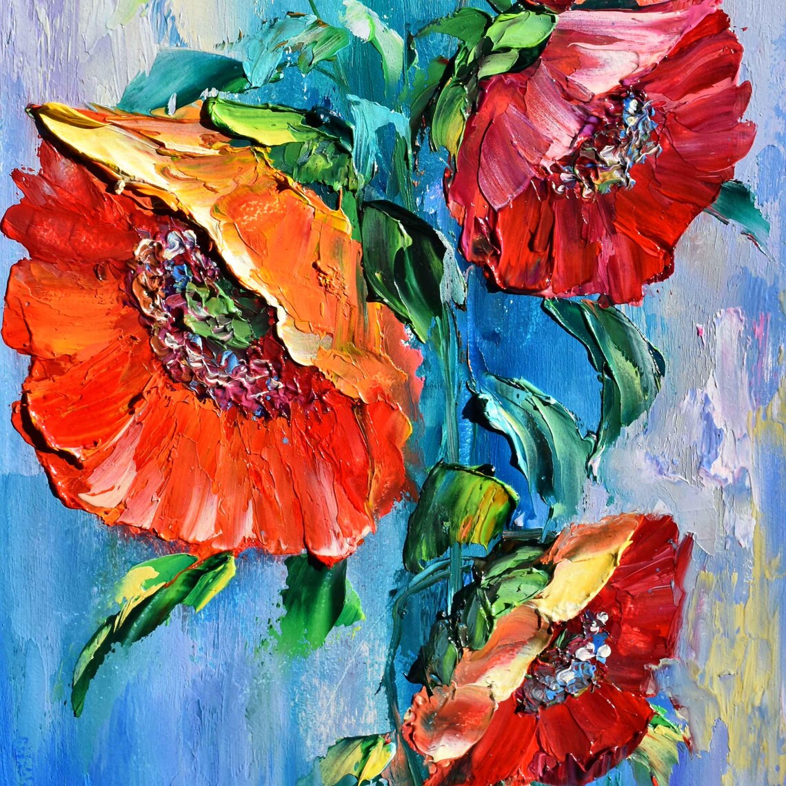 Red Poppy Blooms Berry Sprigs Deep Blue Impasto Floral Painting Poster - Image 4
