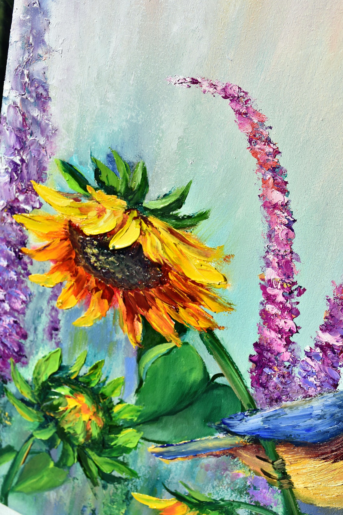 Art Bird Painting Birds Art Sunflowers Painting Bird Oil Painting Flower Oil Painting Sunflower Art Original Landscape Oil Sunflowers Flower - Image 5