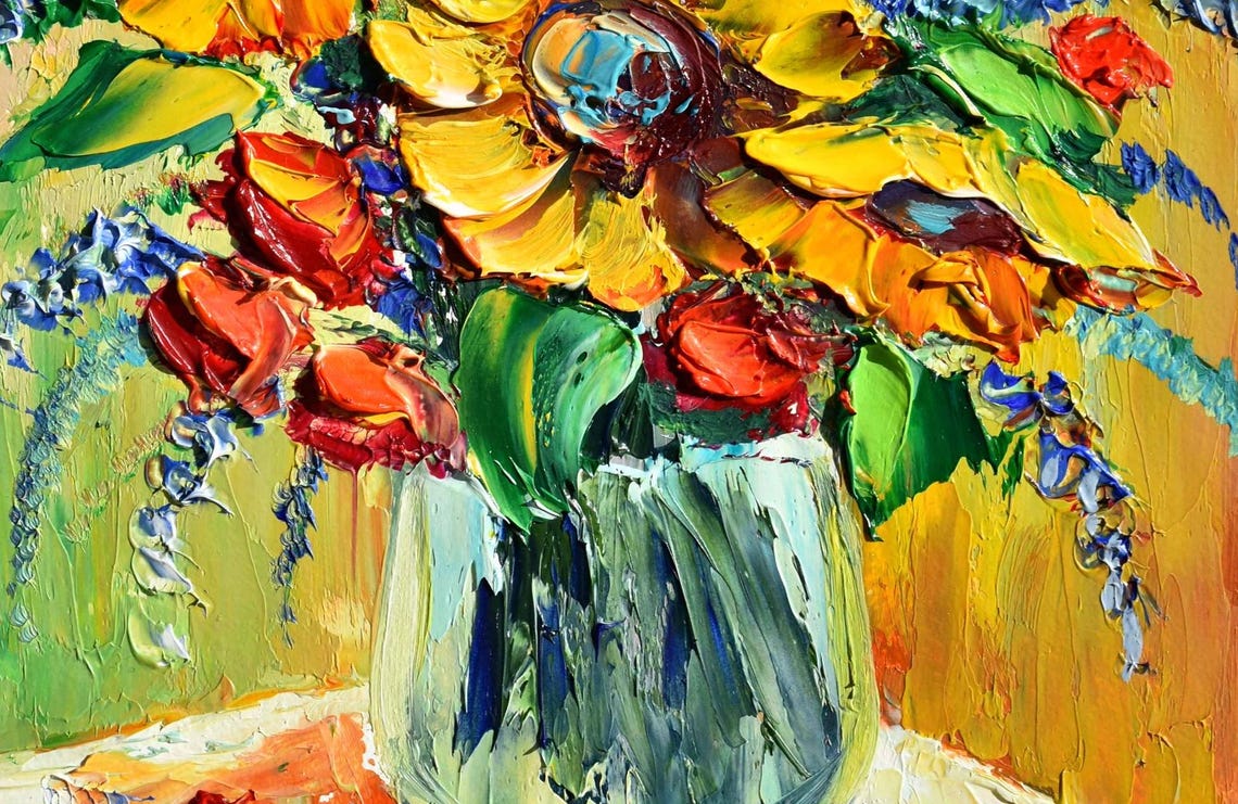 Sunflowers Painting Small Wall Art Still Life Painting Sunflower Wall Art Poppies Painting Yellow Flower Art Red Poppies Art Poppy Painting - Image 5