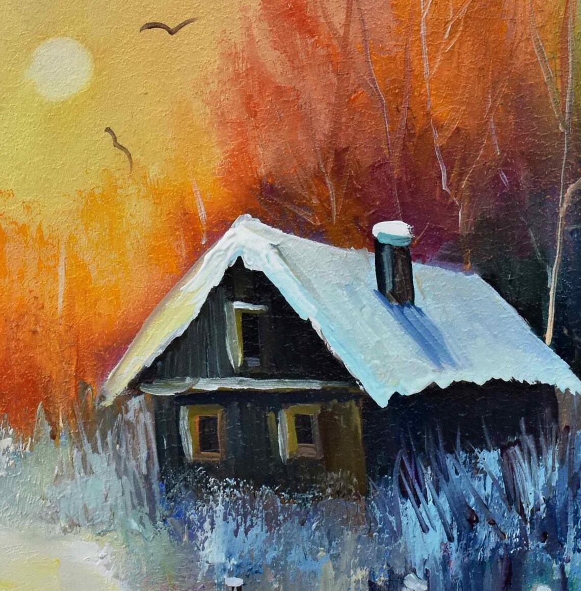 Winter Sunset Snowy Forest Cozy Cabin Golden Sky Oil Painting Poster - Image 5