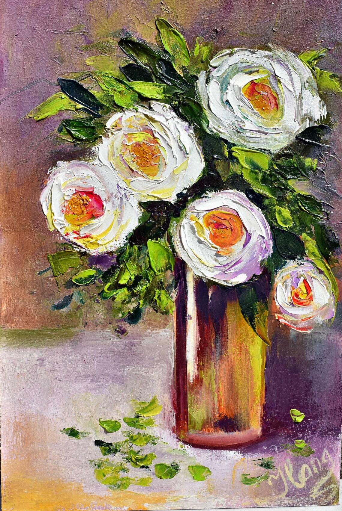 White Roses Orange Centers Glass Vase Impasto Still Life Oil Poster