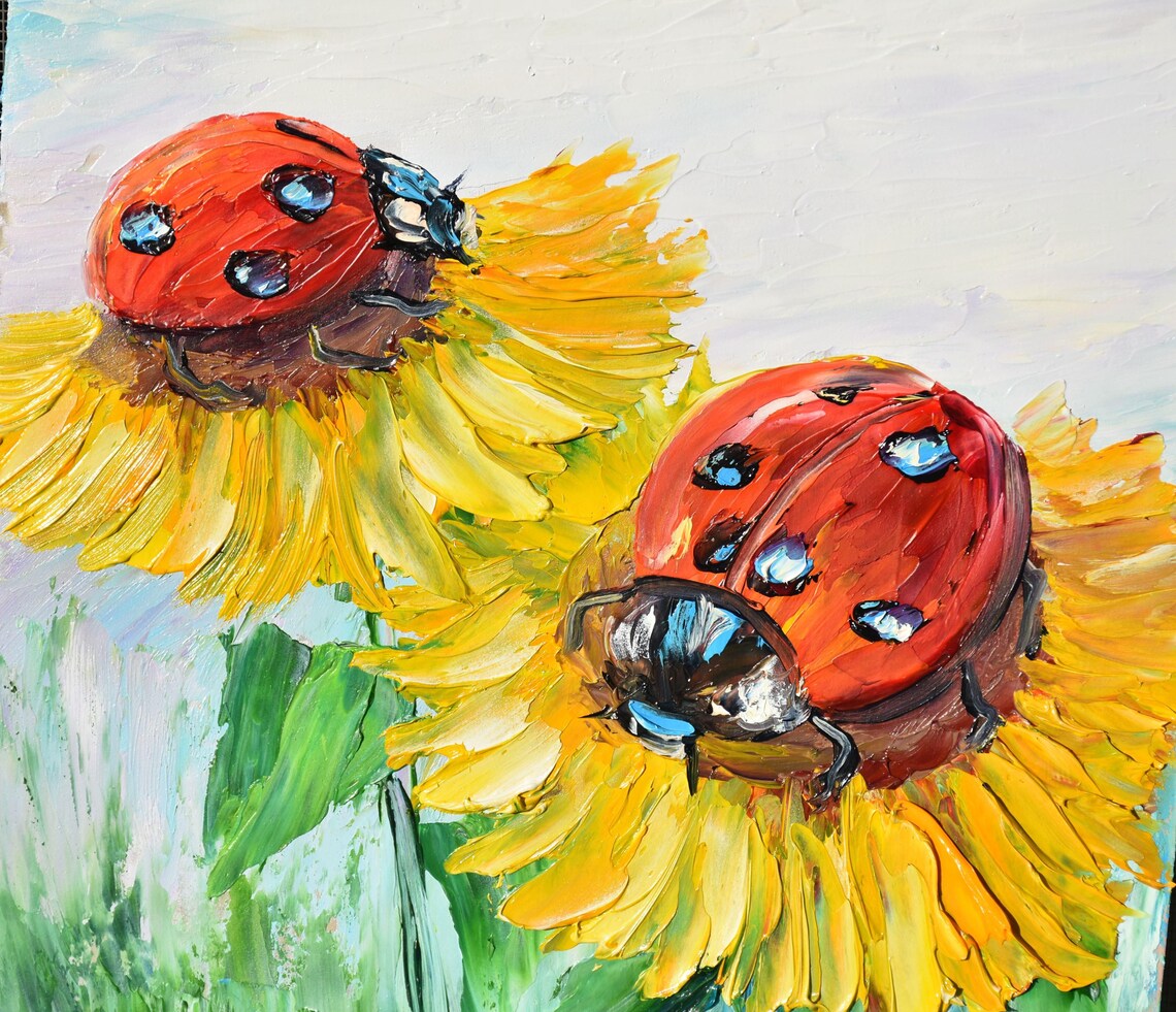 Ladybugs Painting Small Wall Art 8 X 8 Ladybug Art Sunflowers Painting Couple In Love Art Landscape Painting Meadow Wall Art Meadow Wall Art - Image 2