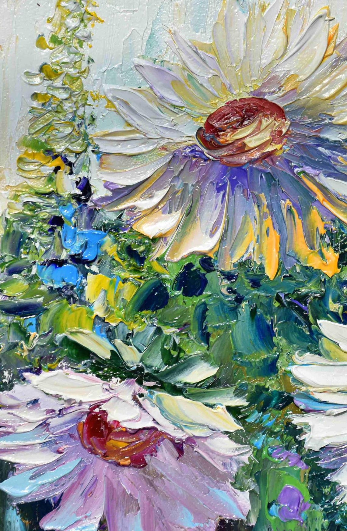 Honey Bee Art Floral Wall Art White Flower Art Bee Wall Art Meadow Landscape Art Impasto Oil Painting Summer Landscape Art Painting Flower - Image 5