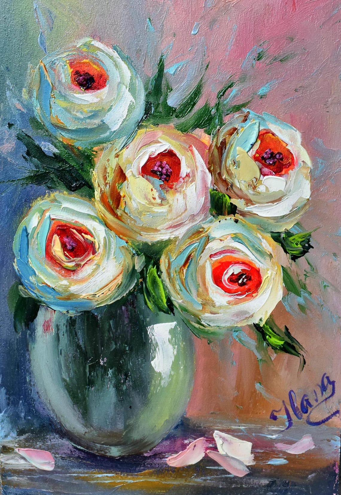 Rose Painting Roses Still Life Art Floral Painting Pink Floral Oil Painting Still Life Art White Roses Art Oil Original White Flower Art Flo - Image 5