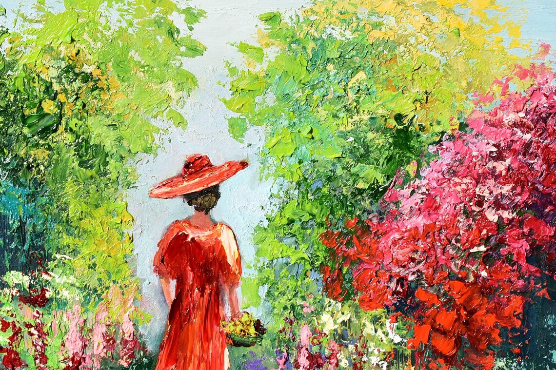Lady Red Dress Flower Garden Summer Stroll Oil Painting Woman Poster - Image 4