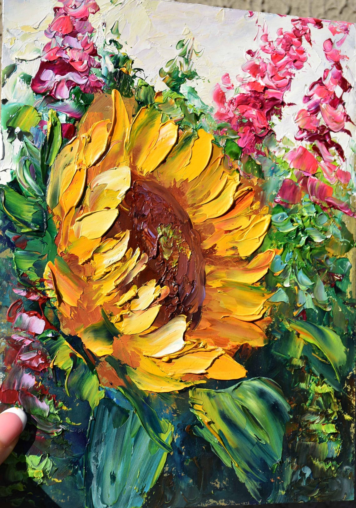Sunflowers Oil Art Small Wall Art Sunflowers Flowers Purple Lupins Art Floral Artwork Palette Knife Art Wildflowers Art Small Painting Sunfl