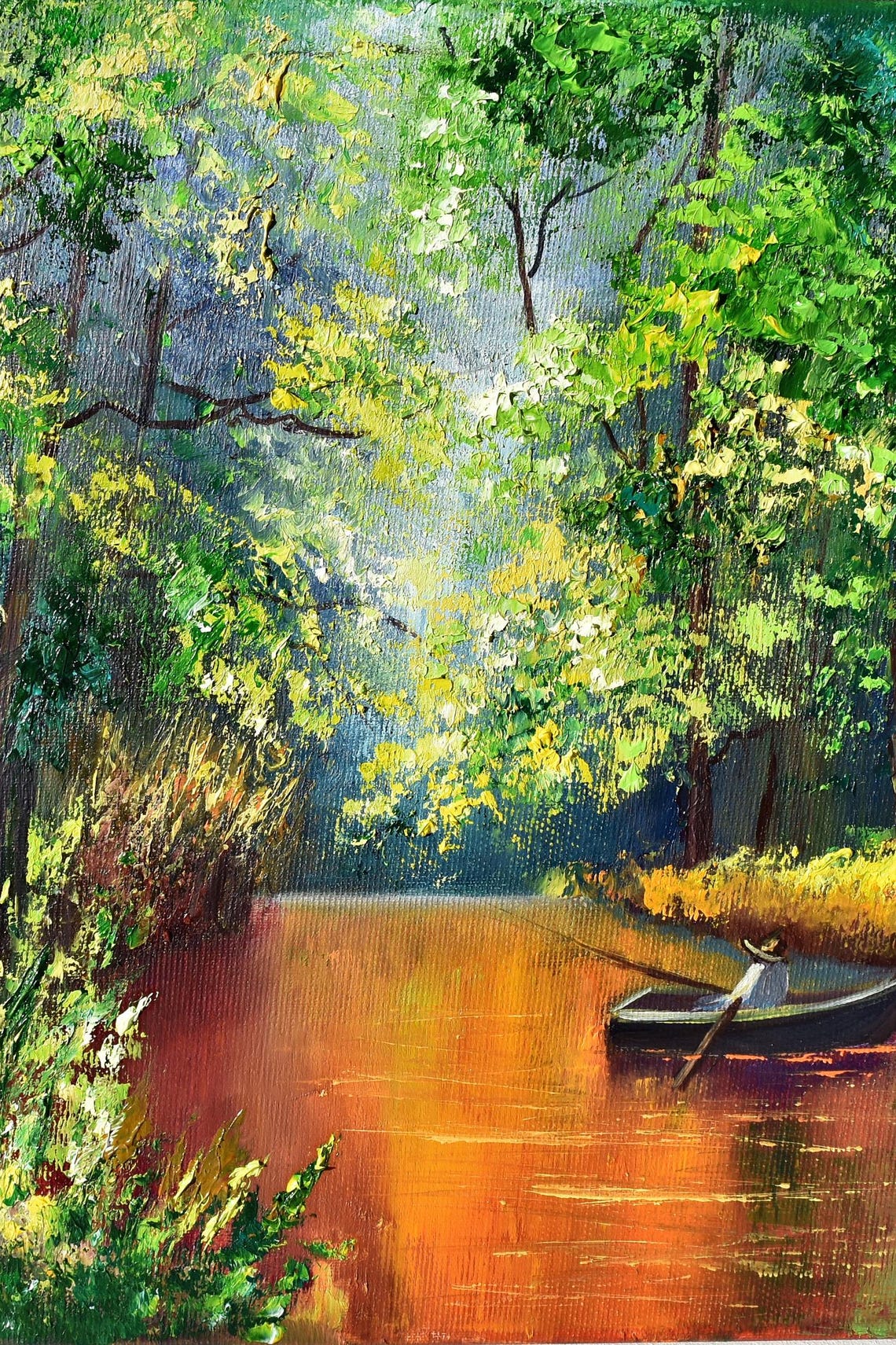 Fisherman On The Lake Art Autumn Painting Lake Fisherman Art Painting Landscape Art Fall Art Lake Wall Art Fisherman Fishing