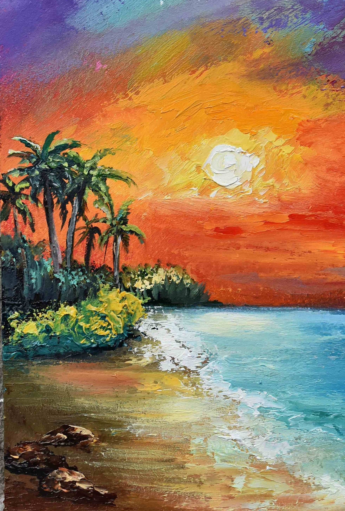 Sea Painting Colorful Sunset Ocean Landscape Art Oil Art Palette Knife Art Art Beach Art Sea Palm Tree Art Seascape Yacht Painting Painting - Image 2