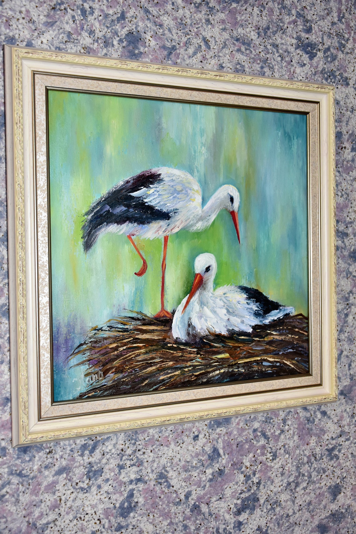 Storks Painting Birds In The Nest Art Birds Painting Stork Oil Art Family Painting Birds Artwork Large Oil Painting Bird Art Animals Oil - Image 4