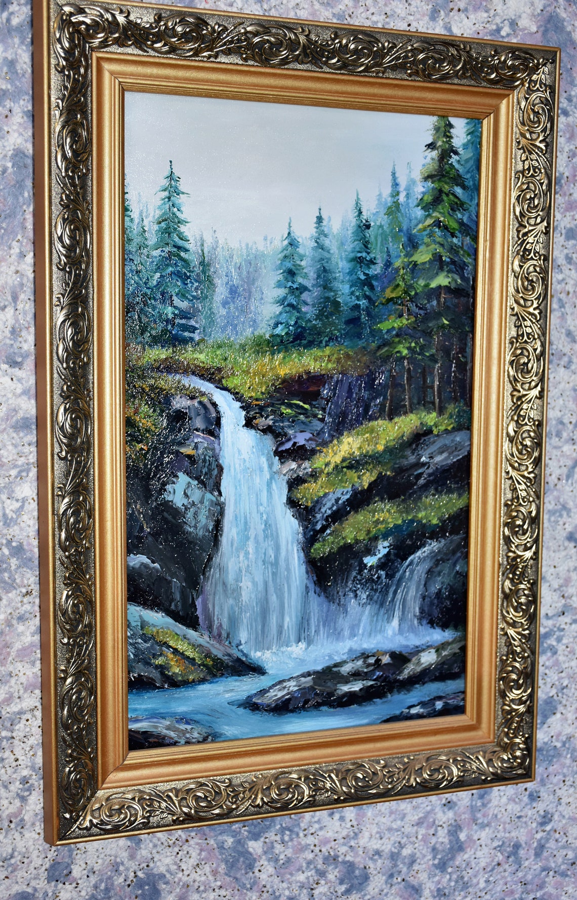 Misty Waterfall Rocky Gorge Pine Forest Oil Painting Landscape Poster - Image 3