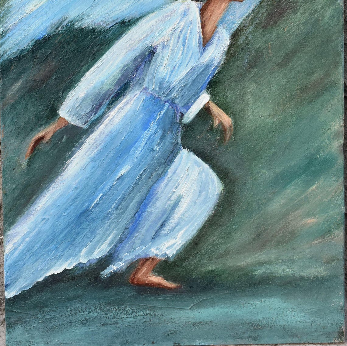 Blue Robed Angel White Wings Dark Green Religious Oil Wall Art - Image 3