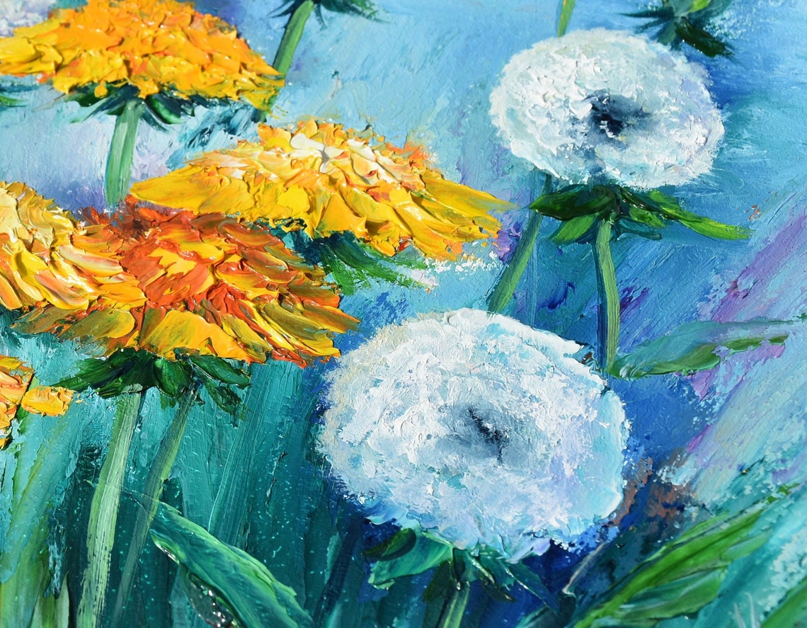Dandelions Art Dandelions Painting Spring Flowers Art Meadow Wall Art Flower Oil Painting Painting In Oil Painting For Her Impasto Painting - Image 3