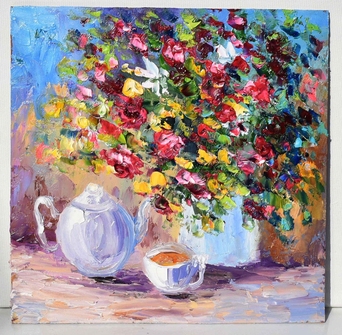 Flower Meadow Art Impasto Oil Painting Still Life Painting Cup Of Tea Art Small Wall Art Summer Flower Art Kitchen Still Life Art Teapot