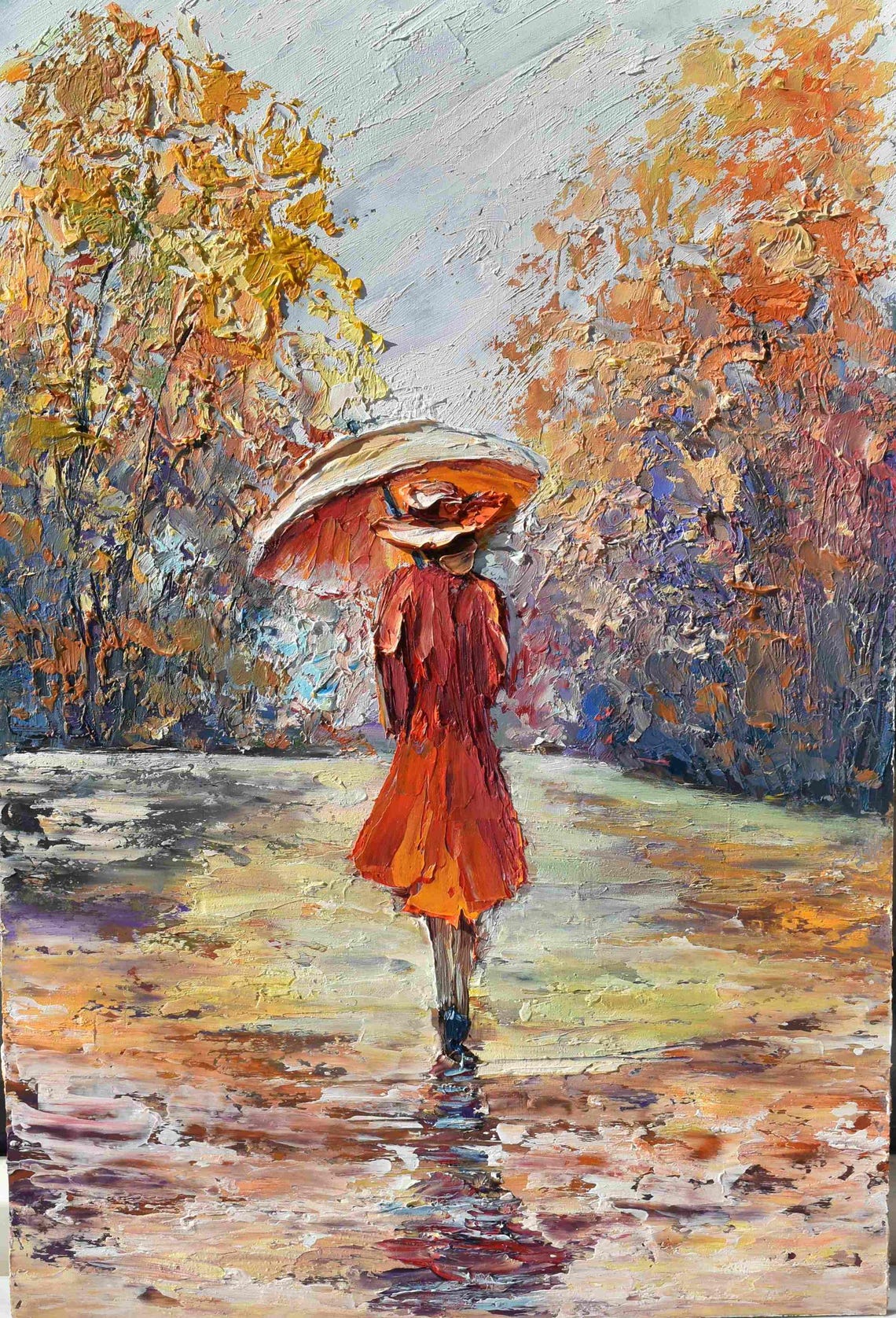 Girl With Umbrella Painting Autumn Landscape Painting Umbrella Art Painting Street Painting Girl Painting City Landscape Art Girl In A Red - Image 2