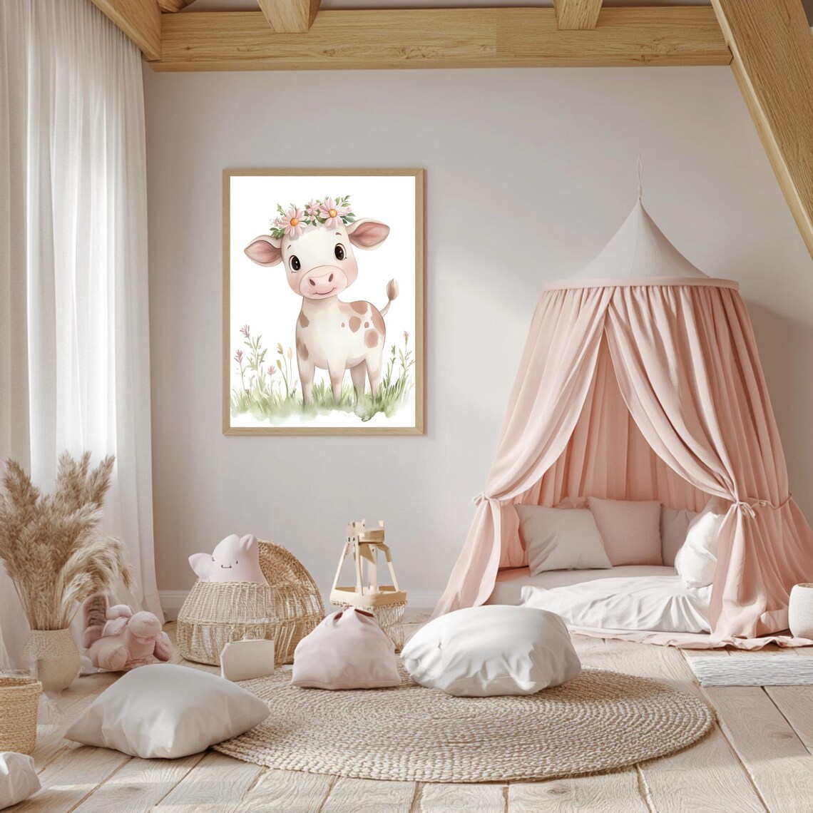 Baby Cow Wearing Daisy Flower Crown in Meadow Nursery Poster - Image 5