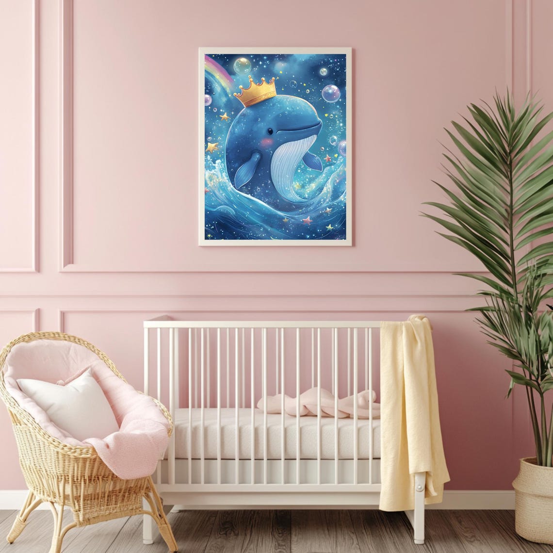 Whimsical Crowned Blue Whale Starry Night Ocean Nursery Art Poster - Image 4