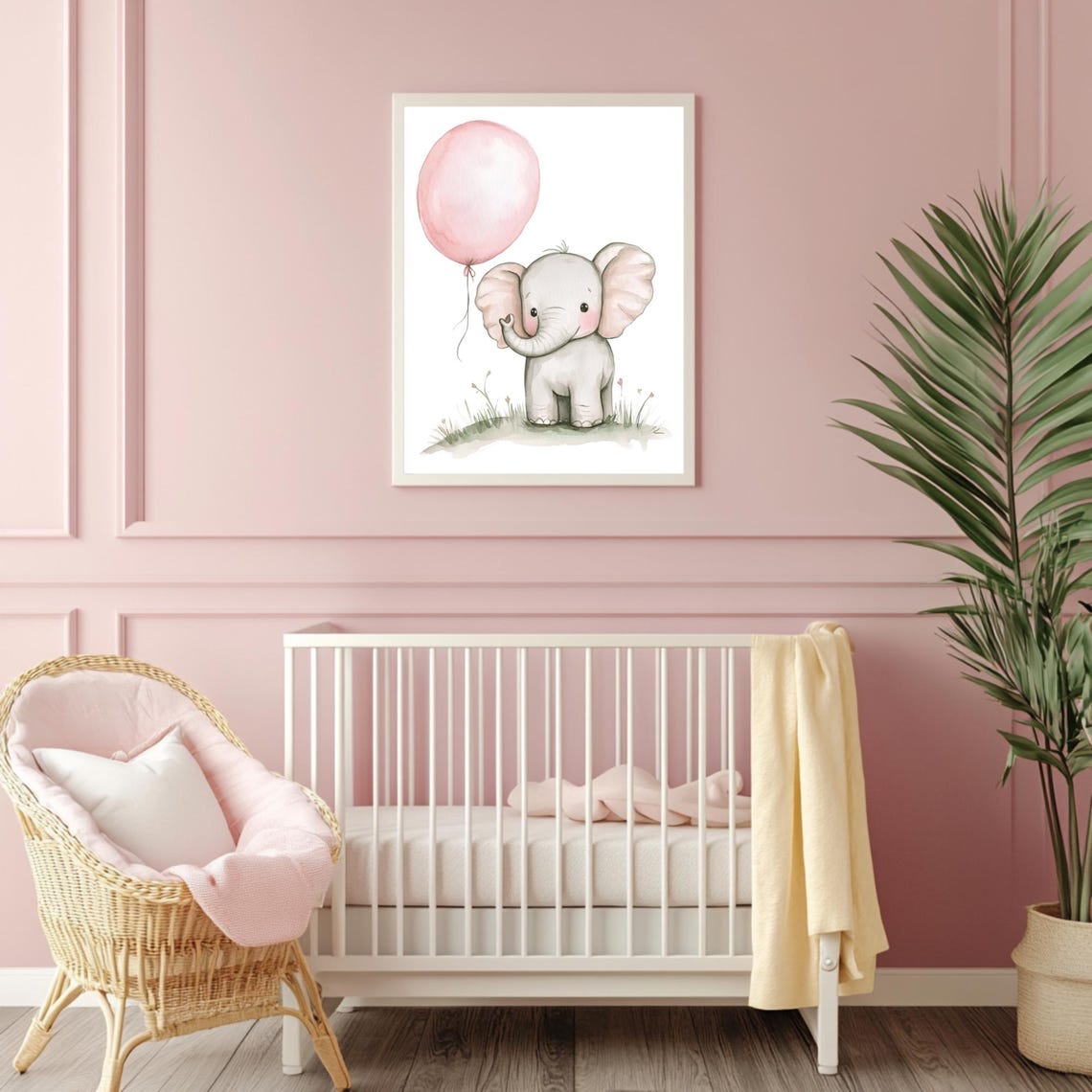 Baby Elephant Holding Pink Balloon Watercolor Nursery Poster - Image 4