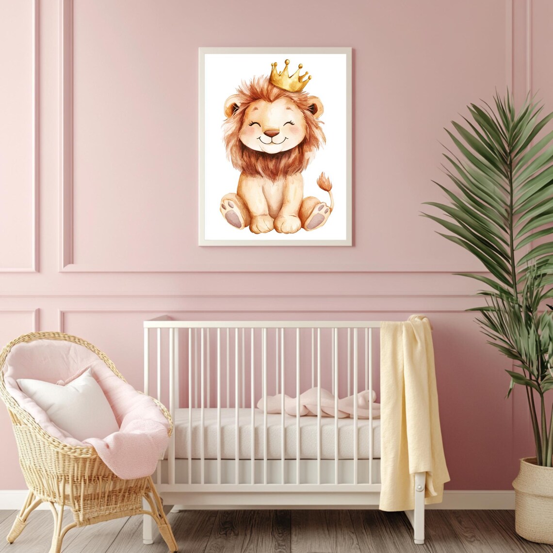 Smiling Baby Lion Wearing a Golden Crown Watercolor Nursery Poster - Image 4