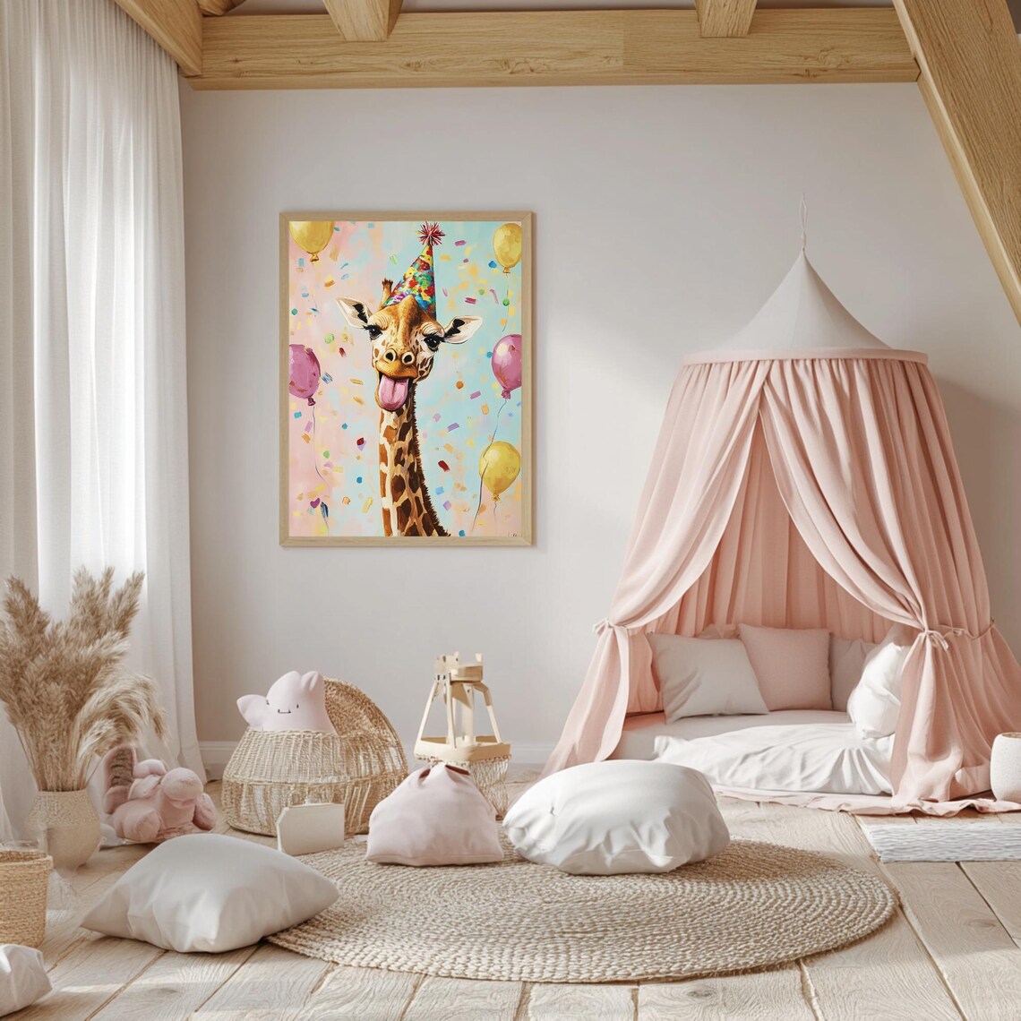 Silly Giraffe Party Hat Tongue Out Balloons Confetti Celebration Poster - Image 5