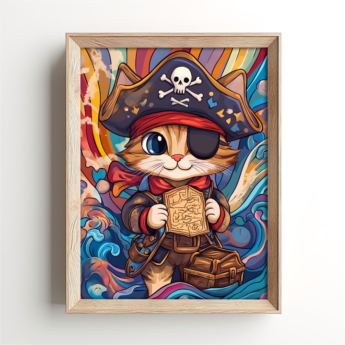 Cute Pirate Kitten Tricorn Hat Eye Patch Treasure Map Ocean Poster