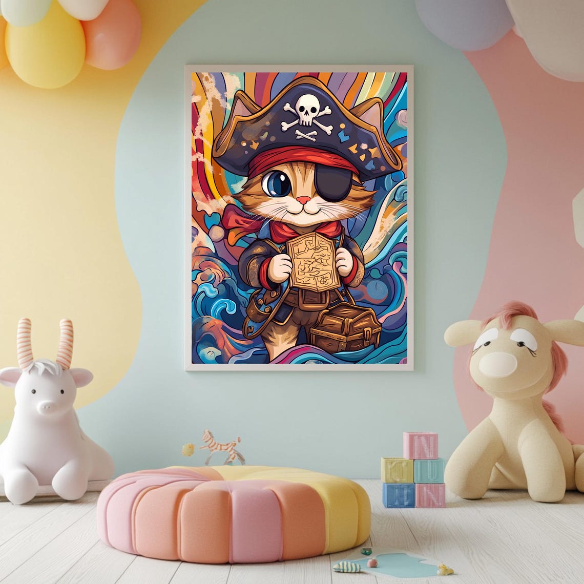 Cute Pirate Kitten Tricorn Hat Eye Patch Treasure Map Ocean Poster - Image 2